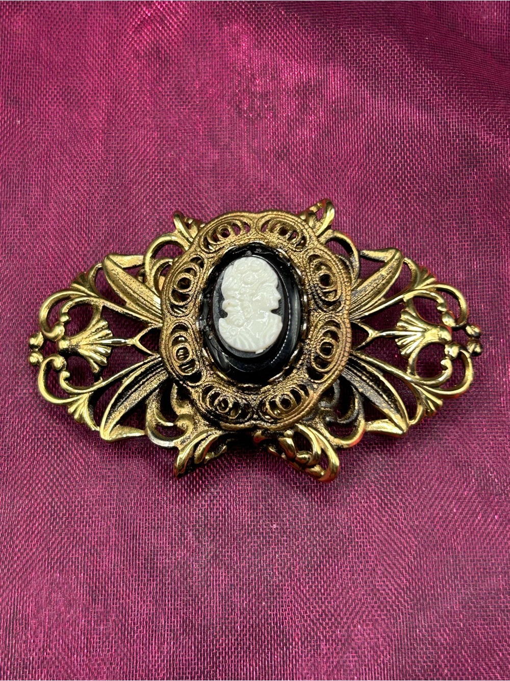Vintage-Style Gold Cameo Brooch - White on Black Cameo